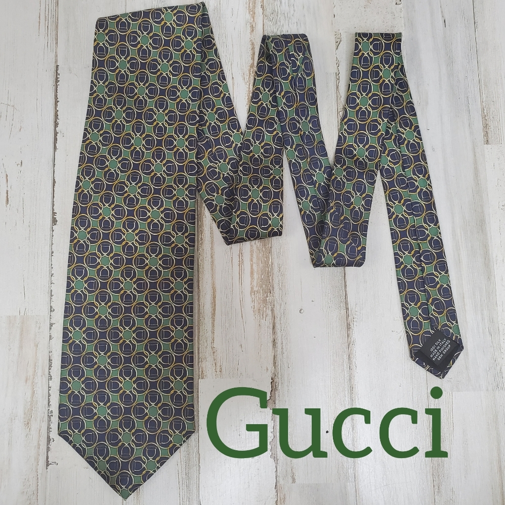 Gucci Navy Blue Gold Green Emerald Print Silk Tie